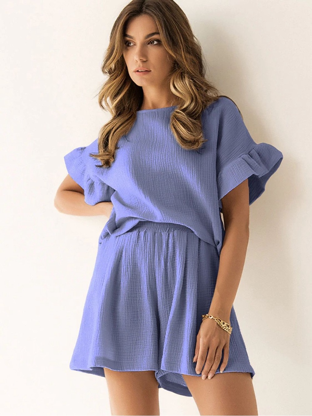 💜 Hello Gorgeous! COTTON Gauze Two-Piece Top & Shorts Set-Blue Purple - Picture 2 of 11